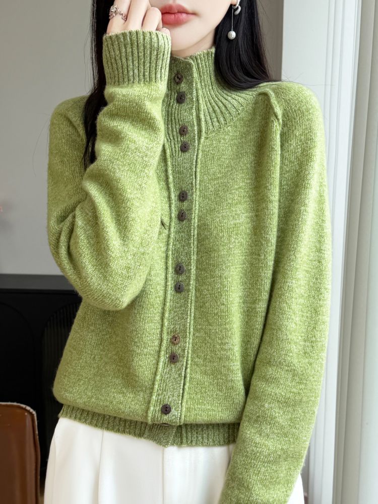 Damen-Strickjacke aus dickem reiner Wolle, neue Herbst-/Winterkollektion, sieben Nadeln, doppelfädig, Stehkragen, Langarm, Cardigan mit Blumenmuster, Strickmantel, Pullover