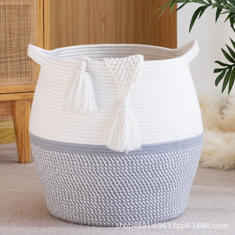 Woven Cotton Rope Storage Basket with Handle, Laundry Hamper