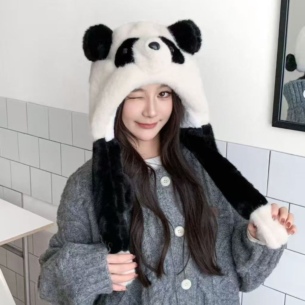 Kış peluş şapka, hareketli panda kulaklı, rüzgar geçirmez ve sıcak