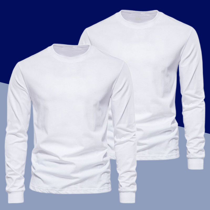 Men's White Long-Sleeve T-Shirt, Fleece-Lined, Pure Cotton