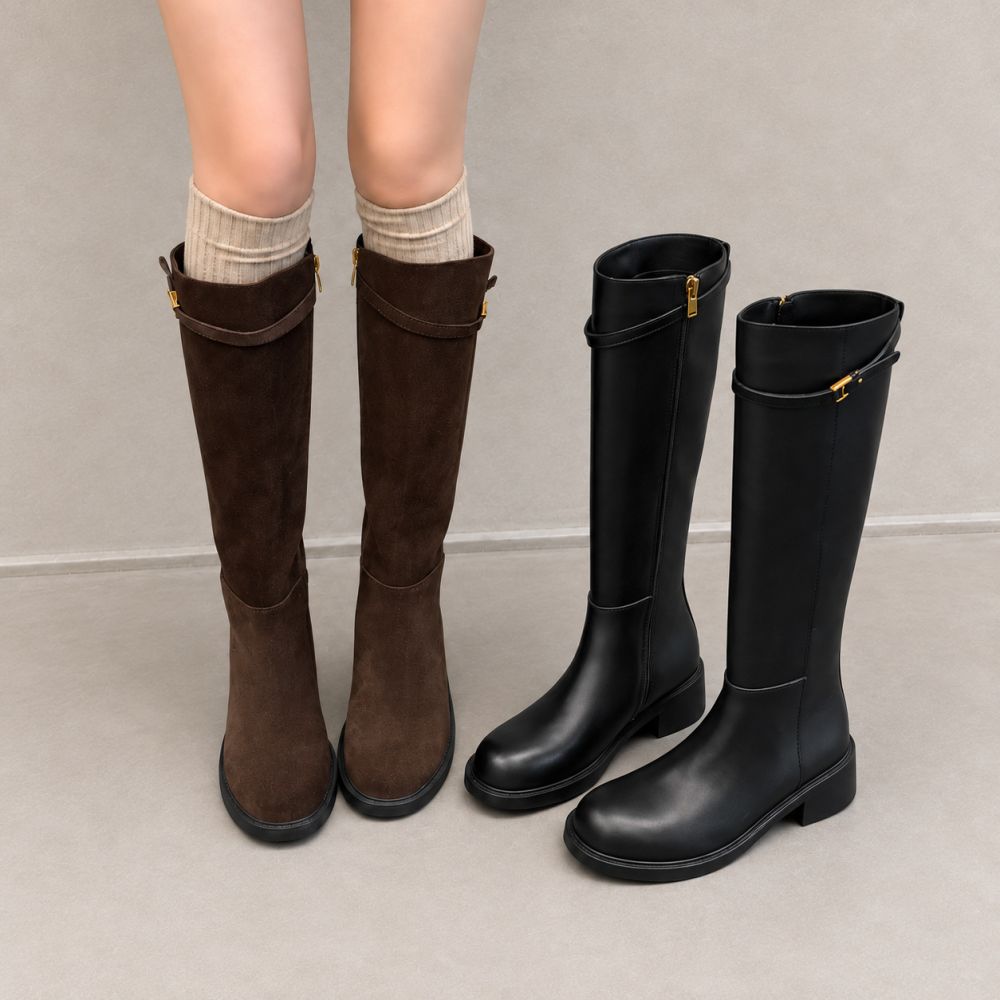 Women's Long Riding Boots, Square Toe, Low Heel, Side Zip