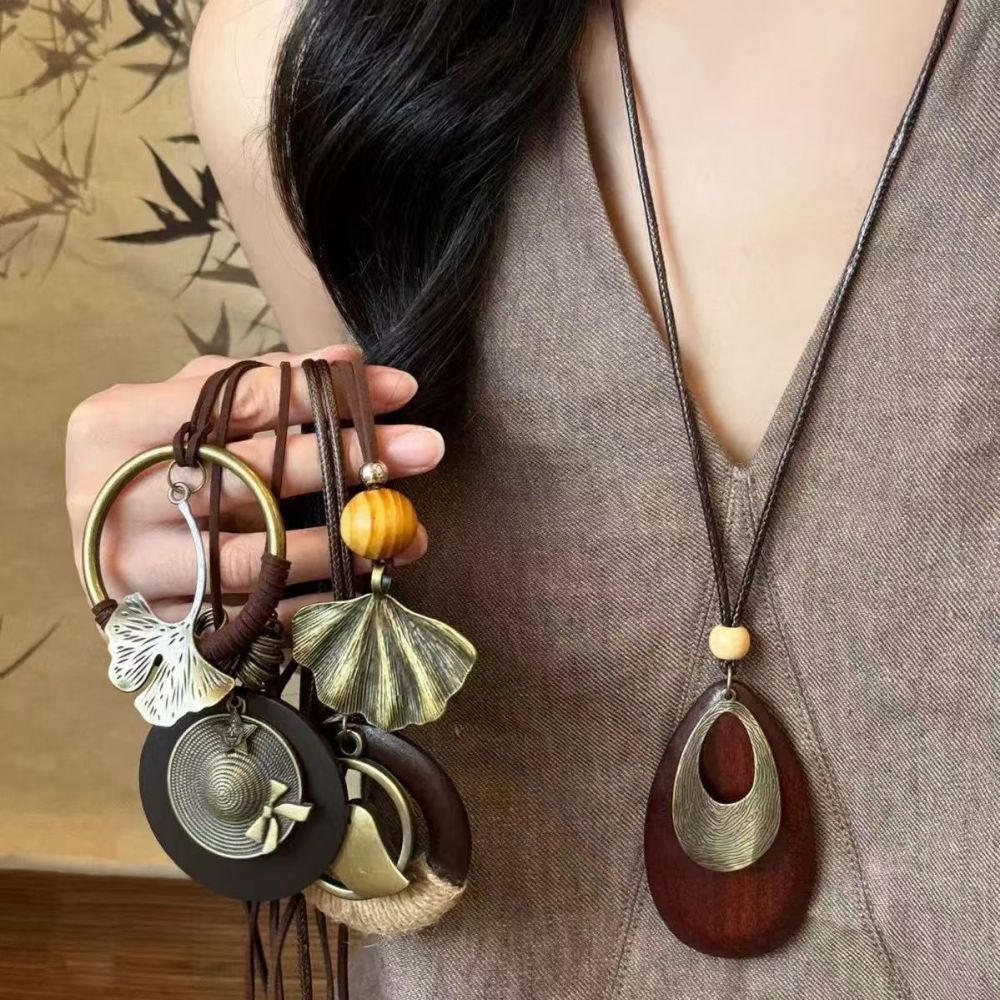 Chinese zen wooden pendant necklace long style
