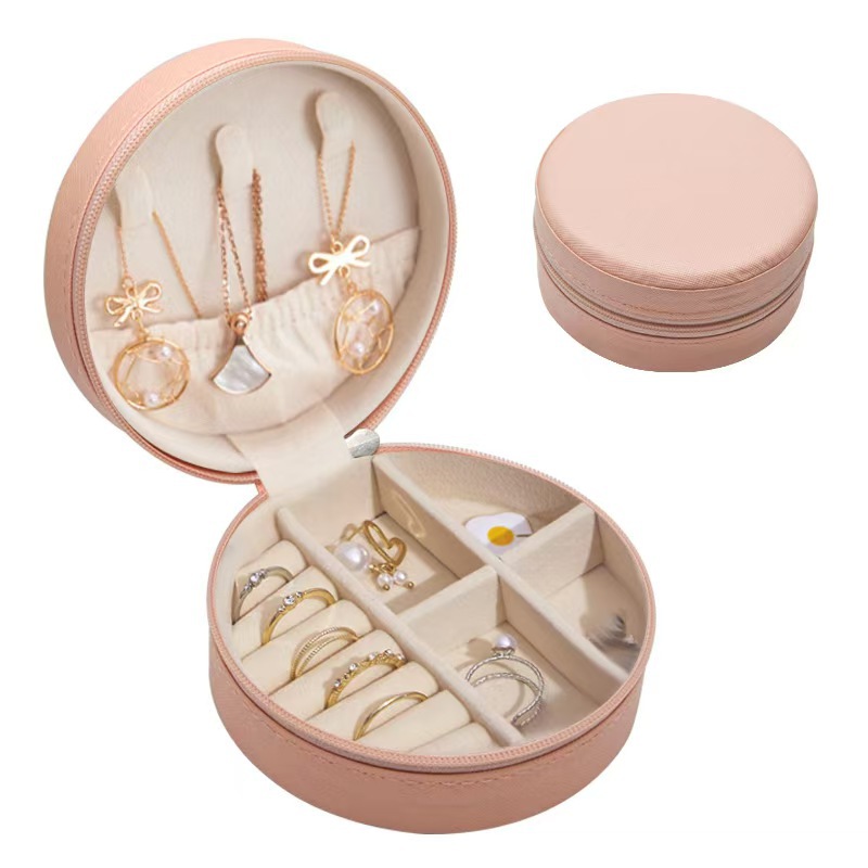 Runde Mini-Schmuckbox, elegante Schmuckschatulle, hochwertige tragbare Aufbewahrungsbox für Ohrringe, Halsketten und Ringe für Reisen - 9