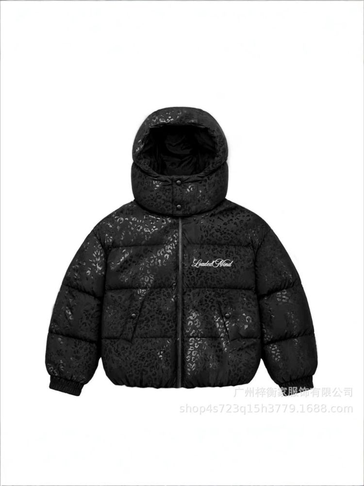 Women's Black Leopard Print Hooded Short Winter Coat, Waterproof Thick Cotton Jacket - 1