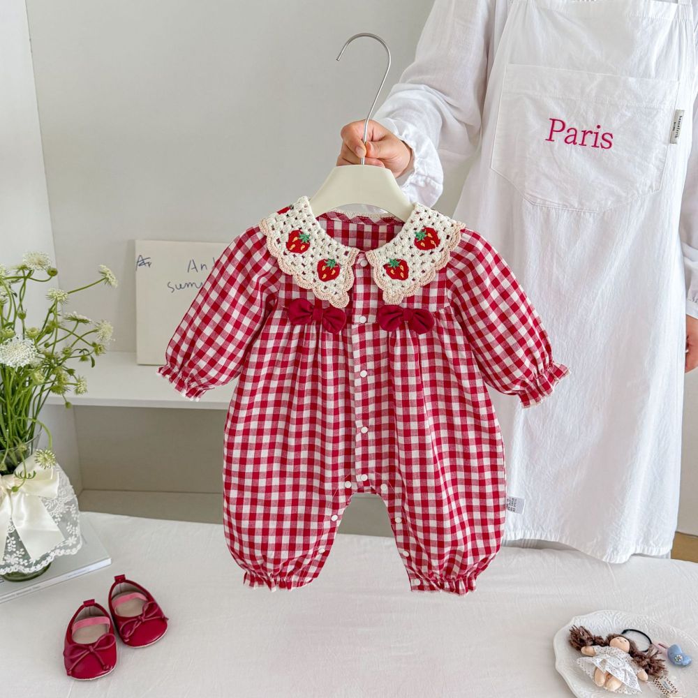 Baby Autumn Plaid Romper for Newborn Girls, Princess Style