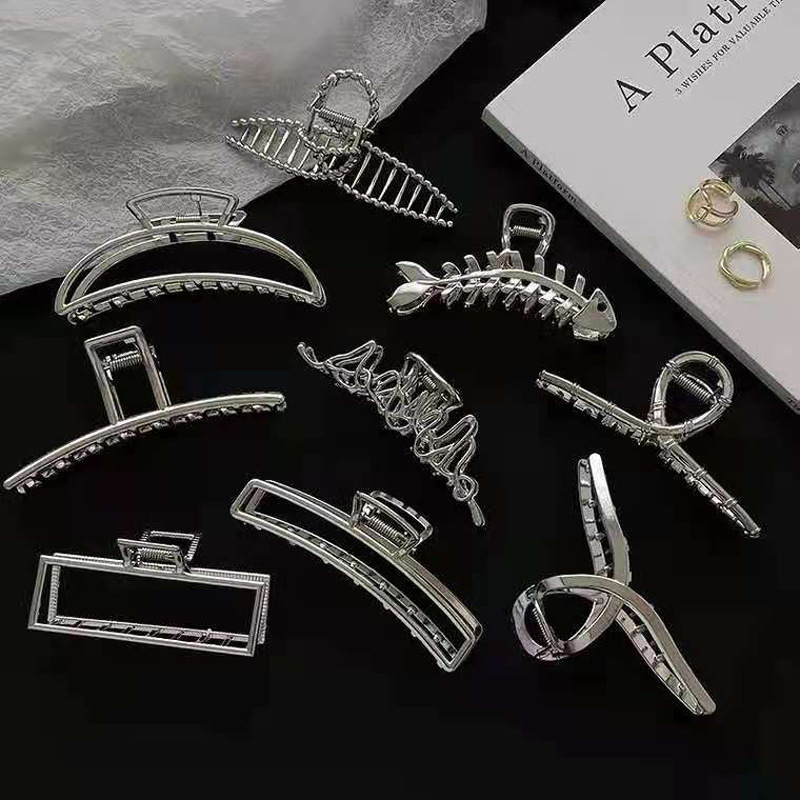 Kalın saçlar için büyük gümüş metal saç tokası, geometrik saç pençe tokası, saç aksesuarı, Kore köpekbalığı tokası.