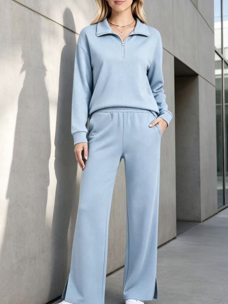2026 European and American Cross-Border Autumn/Winter New Women's Wear Lapel Zipper Long-Sleeve Top and Wide-Leg Pants Fashion Casual Two-Piece Set