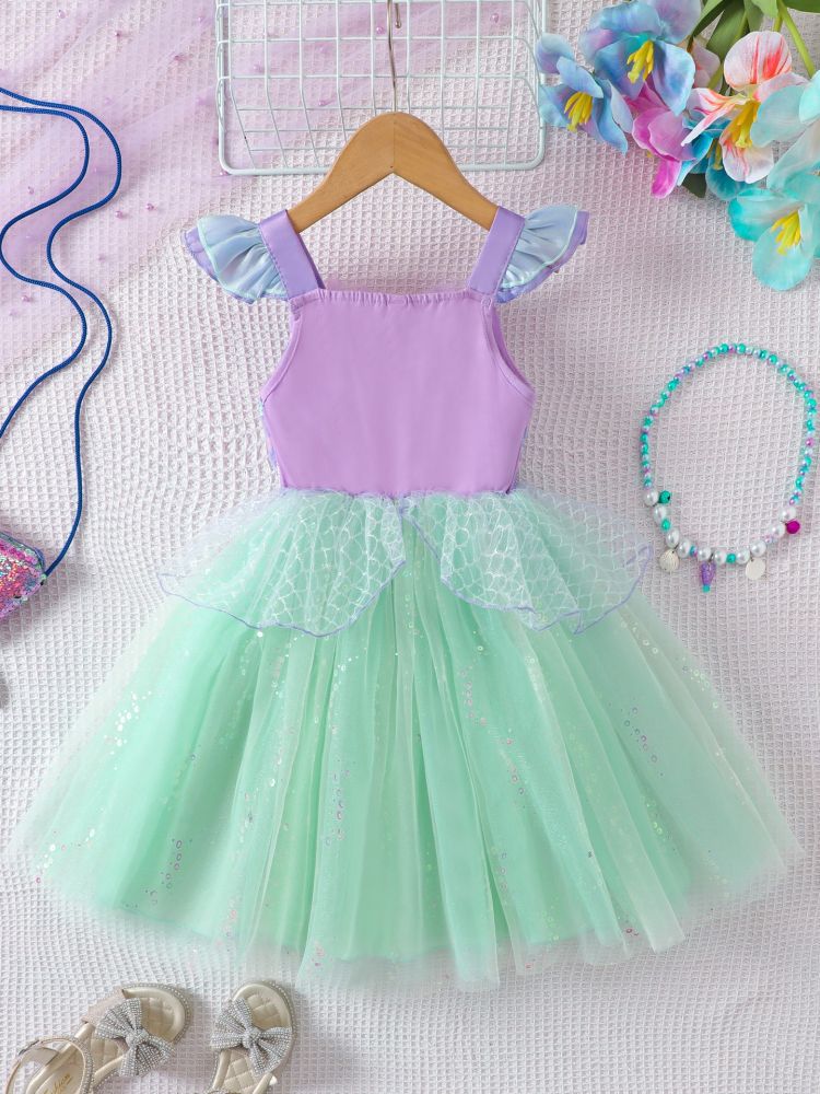 Girls Cross-Border Summer Best-Selling Flying Sleeve Suspender Mesh Dress, Sparkling Sequin Mermaid Princess Dress for Kids