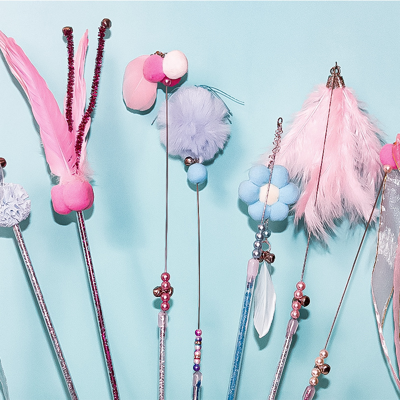 Feather Wire Cat Teaser Wand with Fur Ball and Bell, Long Pole