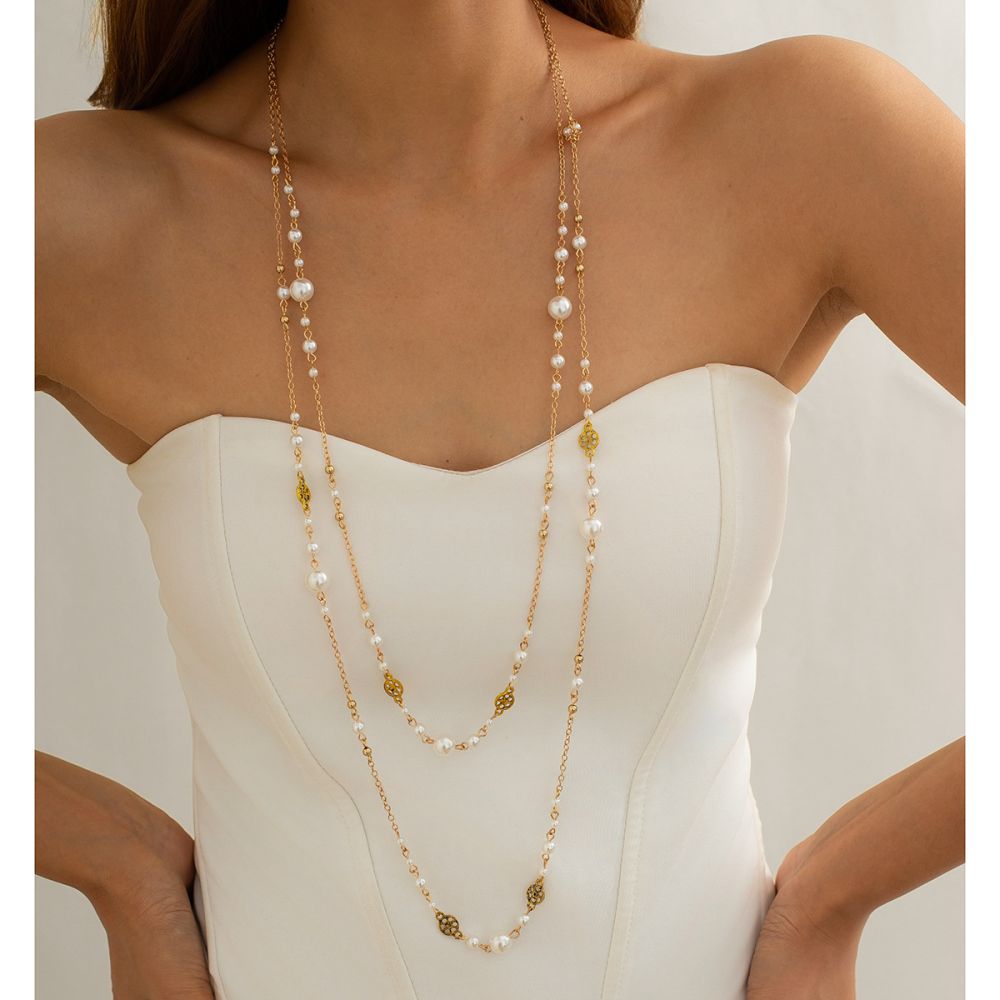 Cross-border artificial pearl-layered long necklace accessories from Europe and America, vintage ethnic style chain for women, lightweight luxury and premium feel.