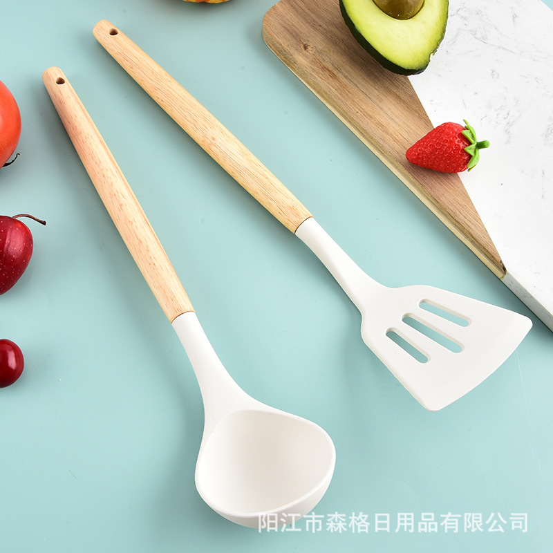 Beyaz Silikon Ahşap Saplı Mutfak Eşyaları Seti Gıda Seviyesi Yüksek Sıcaklık Dayanıklı İzolasyonlu Spatula Kepçe Çorba Kaşığı Yemek Maşası Saklama Kovası - 5