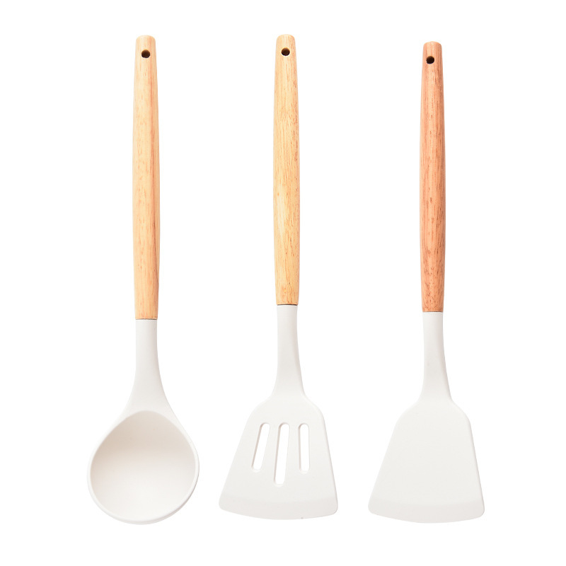 Beyaz Silikon Ahşap Saplı Mutfak Eşyaları Seti Gıda Seviyesi Yüksek Sıcaklık Dayanıklı İzolasyonlu Spatula Kepçe Çorba Kaşığı Yemek Maşası Saklama Kovası - 10