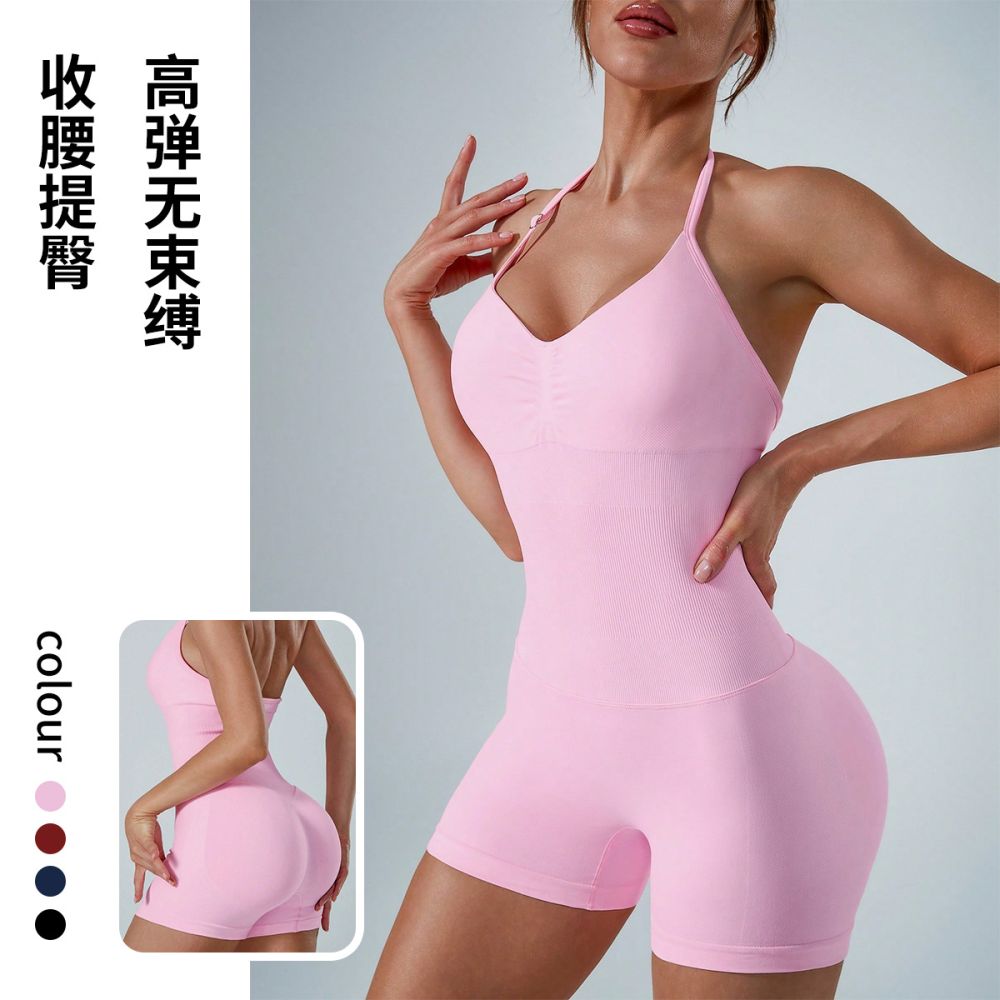 跨境挂脖露背连体瑜伽服女高腰收腹提臀裸感健身外穿速干连体衣