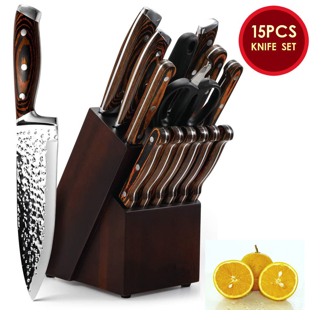 15-piece chef's knife set with wood handle - 1