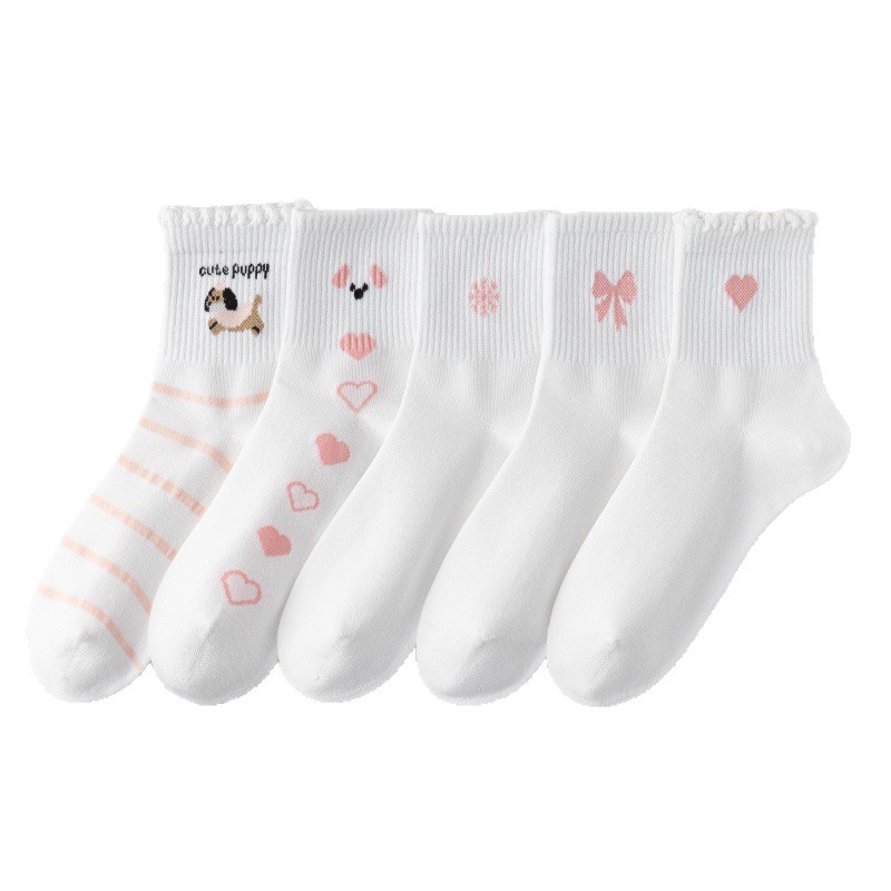 Xinjiang-Baumwoll-Weiße Socken Damen Frühling Herbst Mittellange Socken reine Baumwolle antibakteriell geruchshemmend Cartoon Freizeit-Socken Damen Baumwollsocken Großhandel