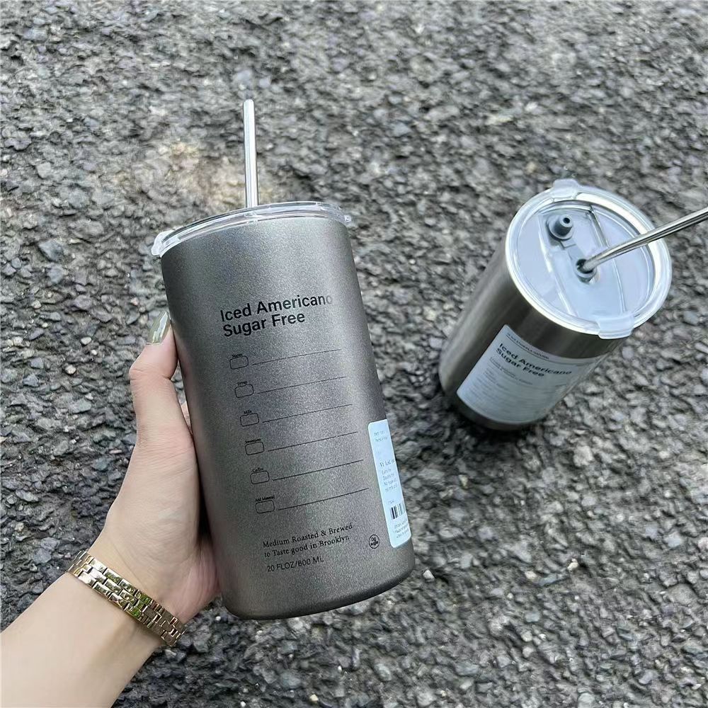 Doppelwandige Edelstahl-Isolierbecher mit Mattfinish für Americano-Kaffee, vakuumisolierter Latte-Reisebecher mit Strohhalm, flaches Doppelwand-Glas, Büro-Thermosbecher - 12