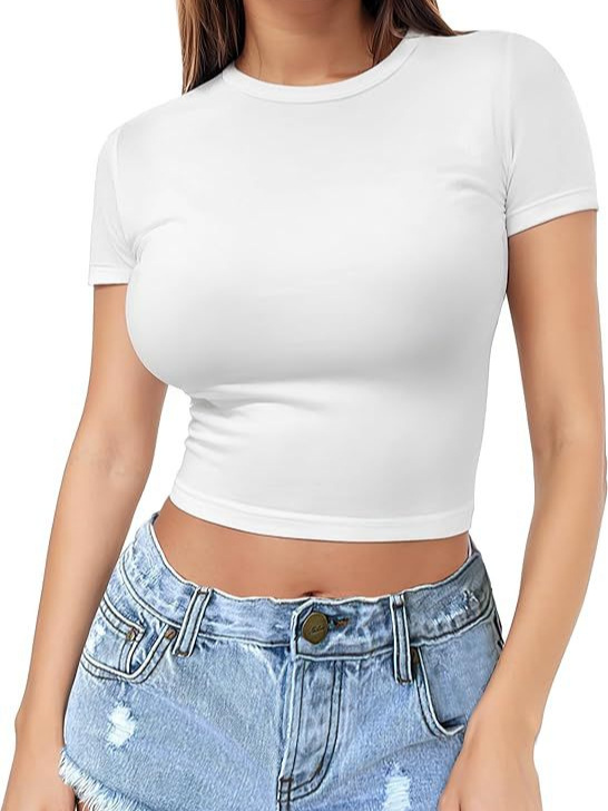 Cross-border European and American style crop top t-shirt hot girl summer sweater women's slim round neck fashion milk silk short sleeve