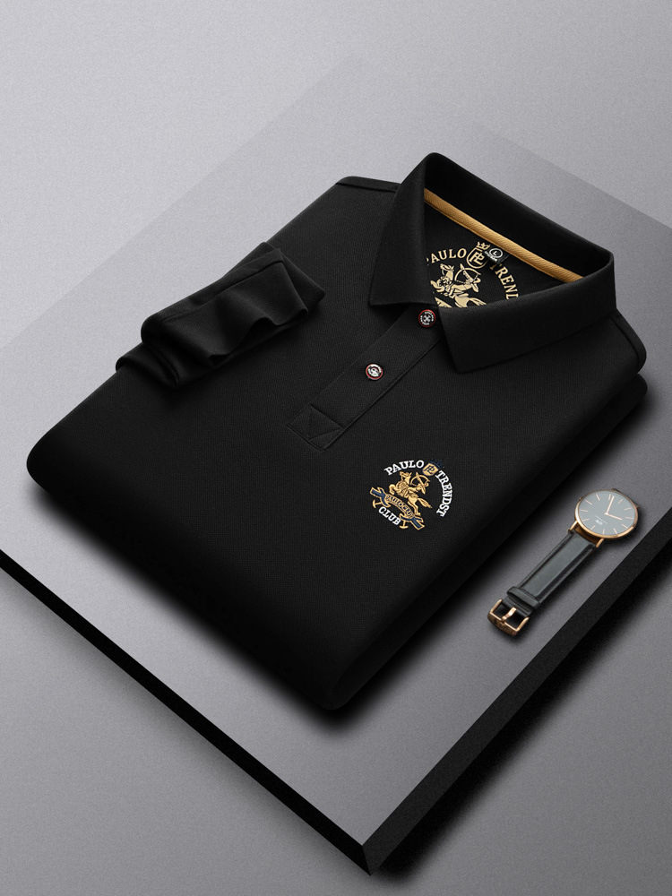 Men's 100% Mercerized Cotton Polo Shirt, Embroidered Small Horse Logo, Long-Sleeve - 1