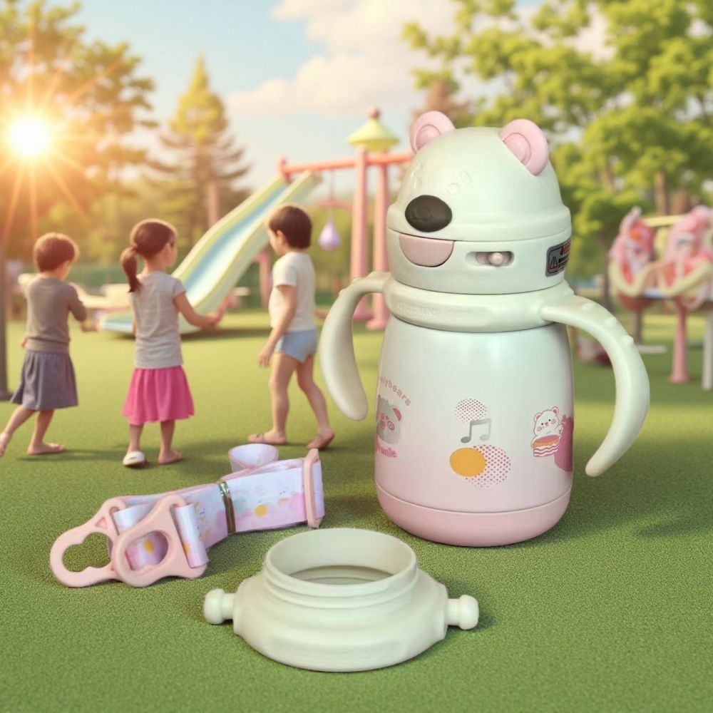Stainless Steel Infant Insulated Cup with Gravity Ball, Lying-Down Drinking Straw Cup, Handle, Shoulder Strap, Cartoon Water Cup - 4