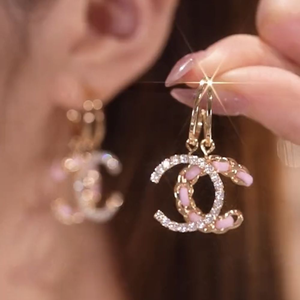 C-shaped pink leather rhinestone earrings, S925 silver needle - 1
