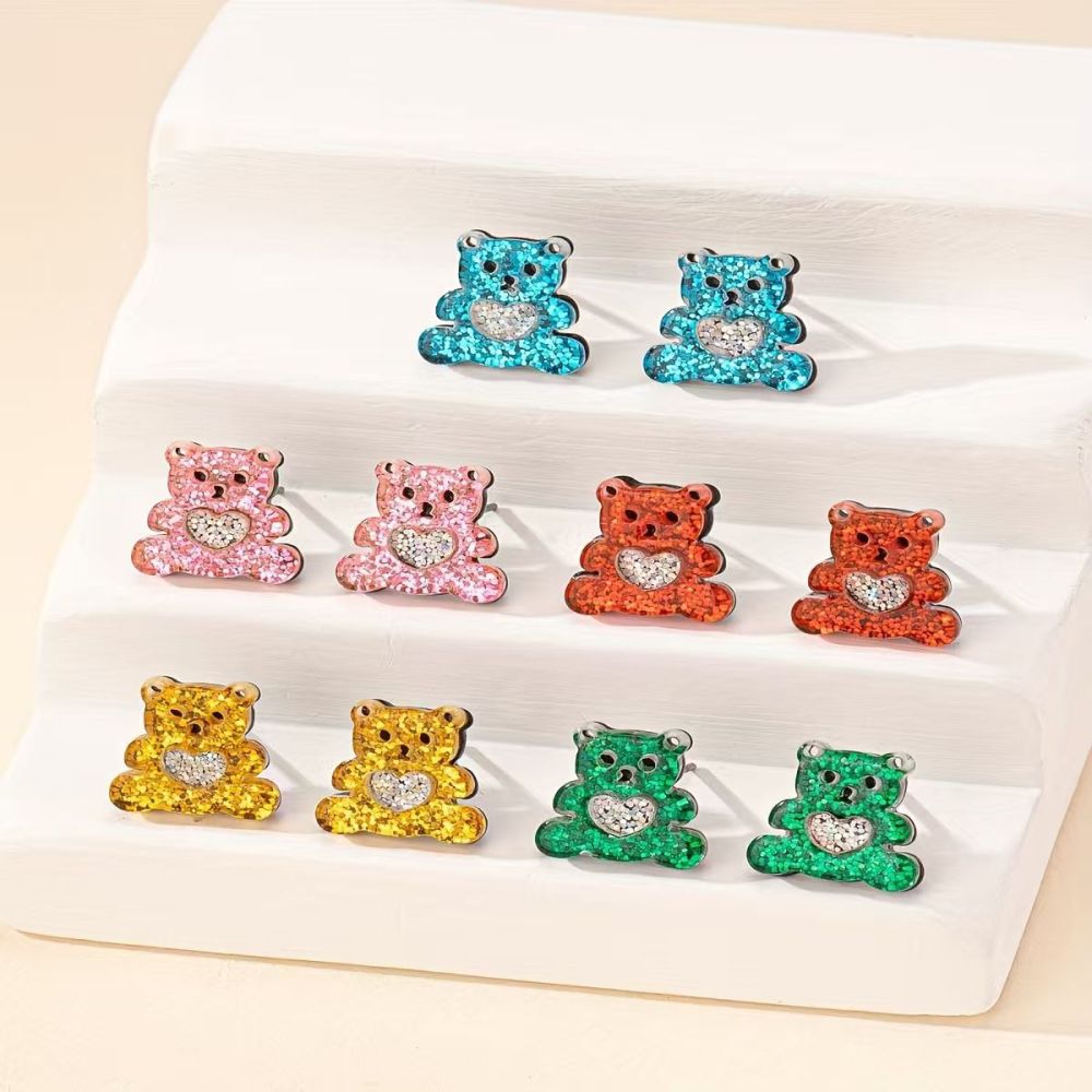 Children's Sequin Small Animal Stud Earrings, Bear, Calf and Heart Designs
