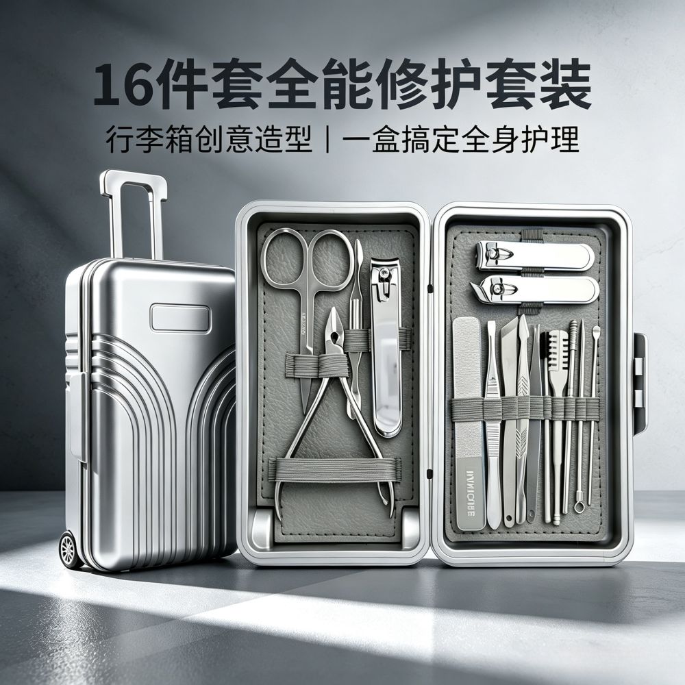 16-Piece Stainless Steel Nail Care Set Luggage Box Nail Clippers Cuticle Scissors Portable Home Nail Grooming Kit