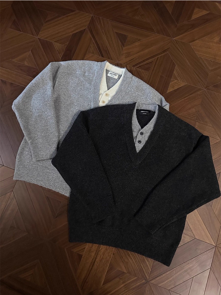 Faux Two-Piece V-Neck Sweater Men Autumn Winter Old Money Style High-End American Retro Teen Lazy Casual Knitted Sweater