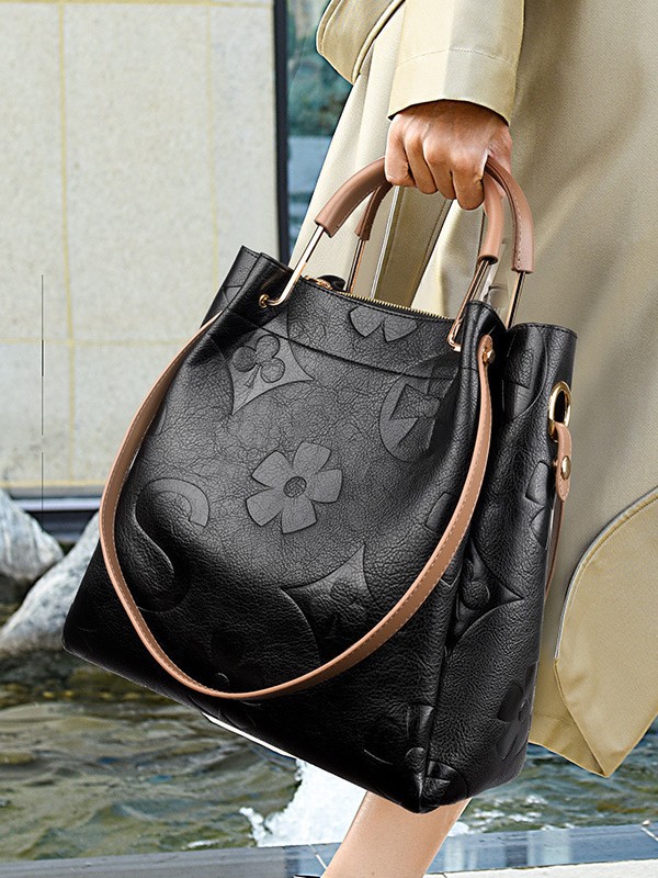 Women's Large Embossed Bucket Bag with Inner Tote