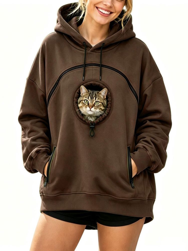 Cross-border Hooded Women's Pet Cat Pocket Casual Sweatshirt Women's Zip-Up Long Sleeve Hooded Fleece-Lined Top