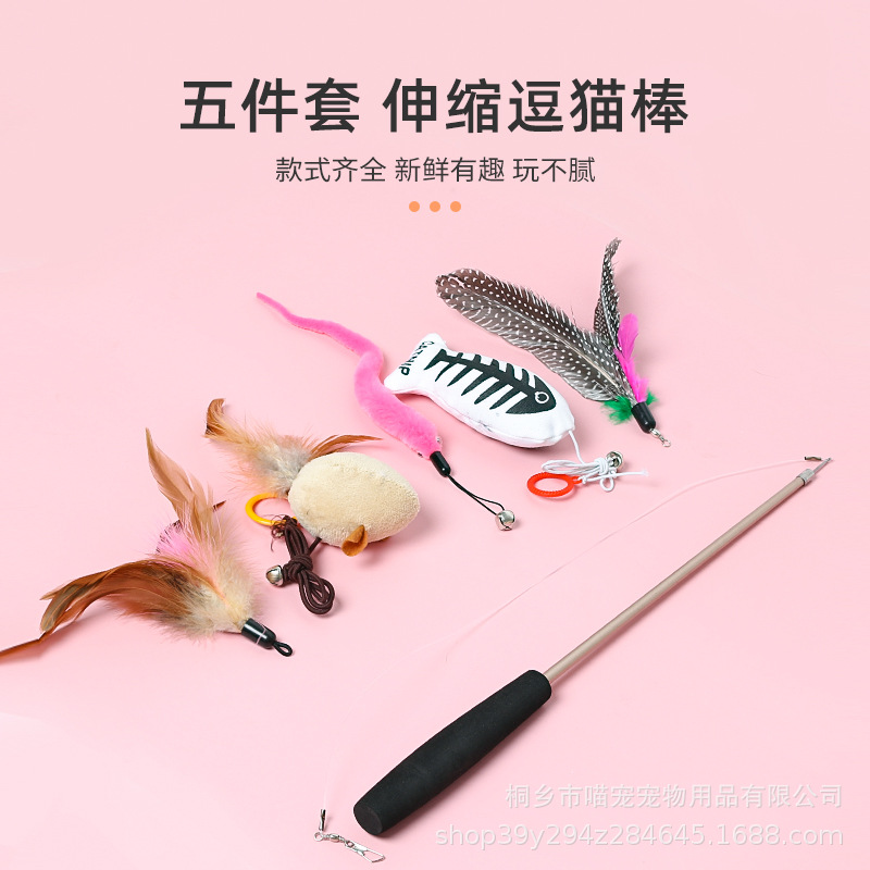 Cat teaser wand with 5 replaceable heads, retractable