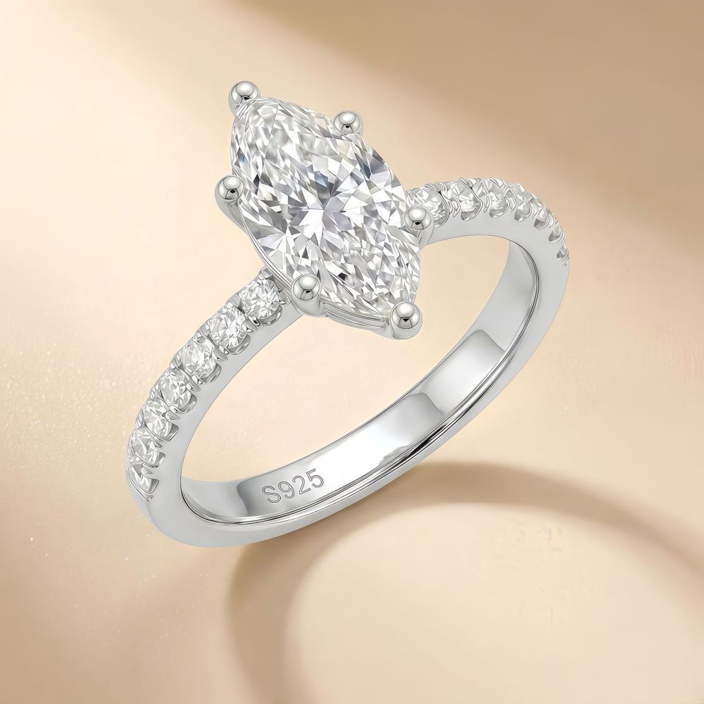 S925 Silver Moissanite Ring, Marquise Cut