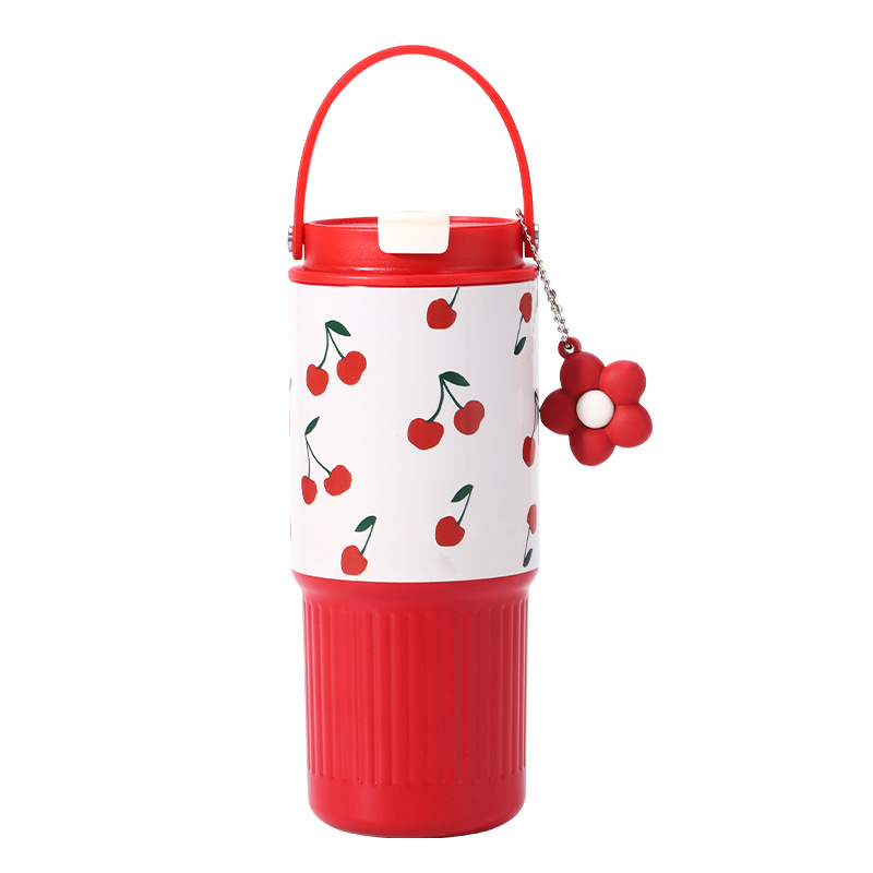 New 304 Stainless Steel Thermos Cup Creative Plaid Pattern Large Capacity Insulated Cup with Handle and Straw Car Cup Wholesale - 6