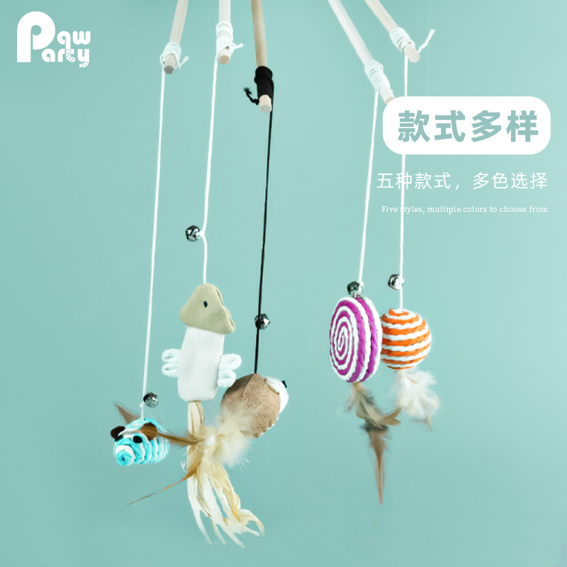 Long Cat Teaser Wand with Feathers, Bell and Bite-Resistant Solid Wood Handle