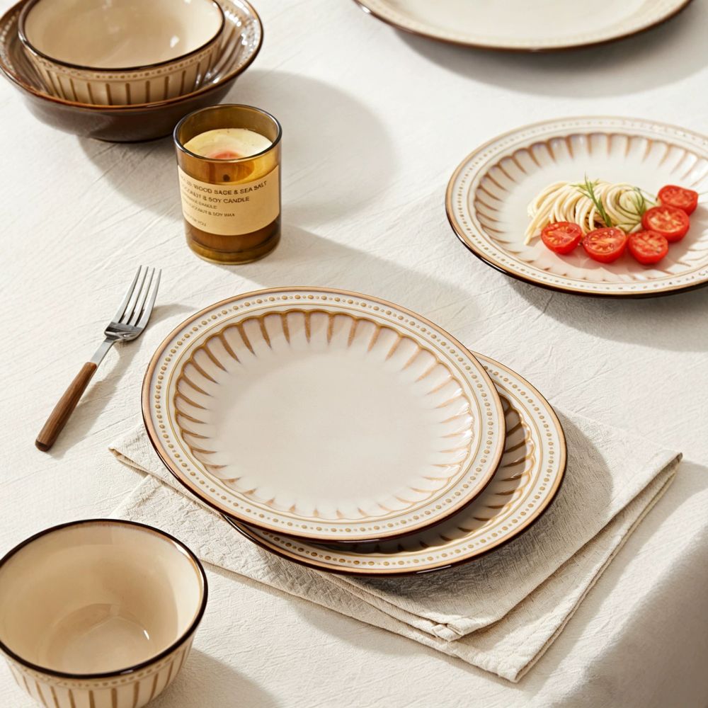 Retro Kahverengi Amber Seramik Yemek Takımı, Restoran Biftek ve Salata Tabağı