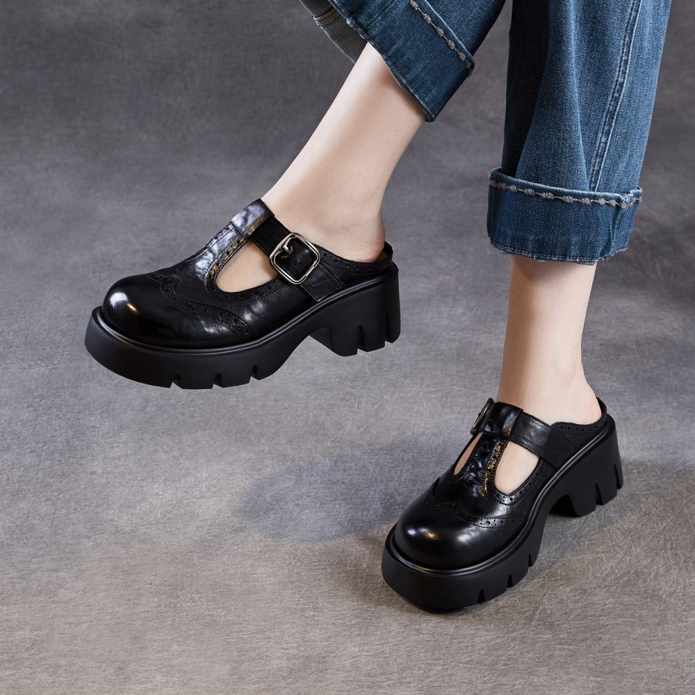 2026 Yeni Sezon Hakiki Deri Brogue Kadın Terliği, Kalın Taban, Birkenstock Tarzı - 1