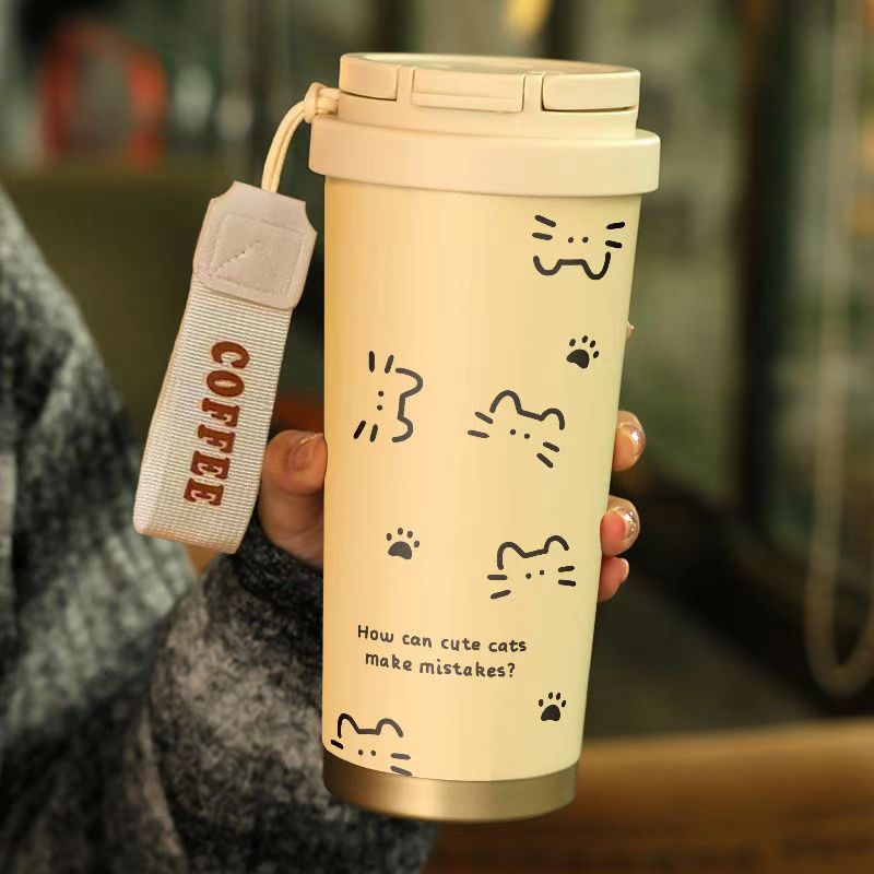 Çizgi kedi su bardağı büyük kapasiteli termos pipetli içme suyu spor araba taşınabilir erkek ve kız öğrenci okul bardağı - 5
