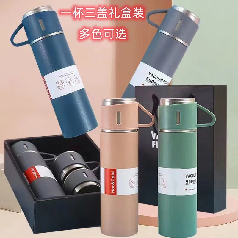 304 Stainless Steel Vacuum Double-Wall Insulated Cup with Three Lids - 1
