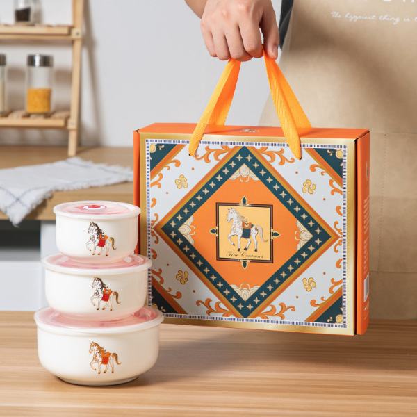 Keramik-Frischhalteschüssel dreiteiliges Set, verschlossene Schüssel, Geschenkschalensatz, Geschenkbox, Hochzeitsverkäufe, Großhandel mit LOGO-Druck - 8