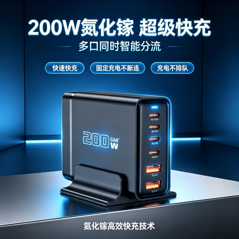 跨境200W氮化镓Gan 多口充电器4C2A桌面充电站PD闪充多功能适配器