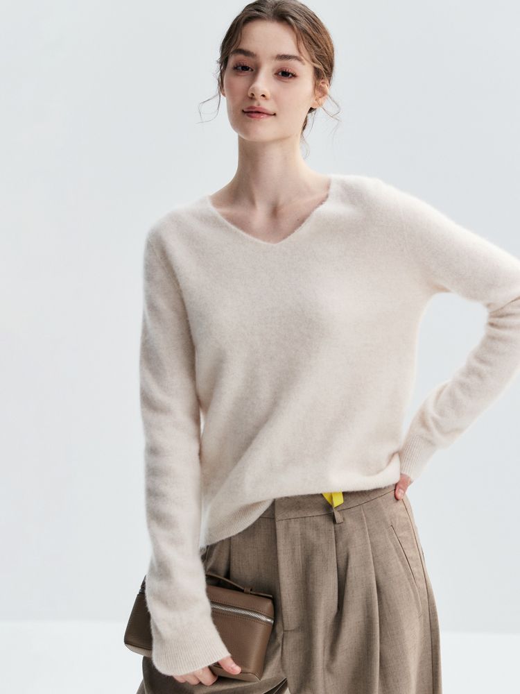 Konasy Autumn Winter New Style 100% Cashmere V-Neck Knitted Sweater Women's Loose Base Layer Pullover Versatile Top