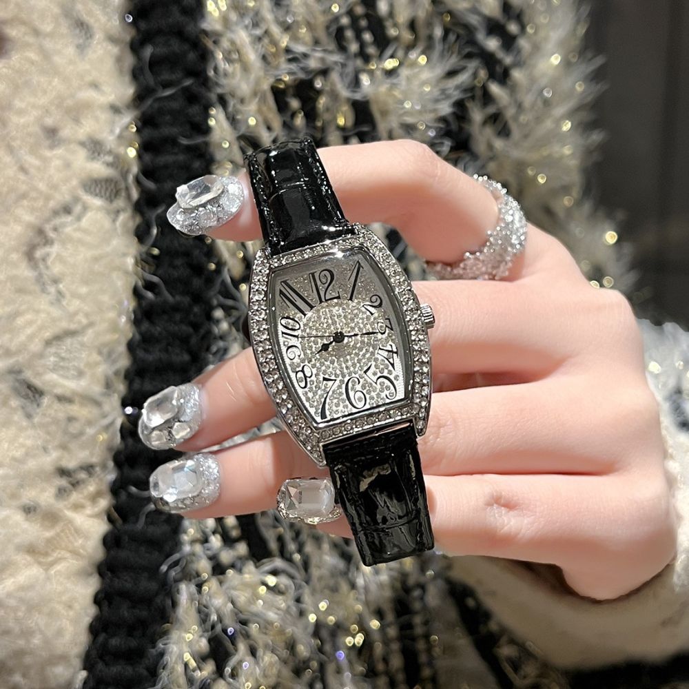 Women's watch with genuine leather strap, barrel shape, waterproof
