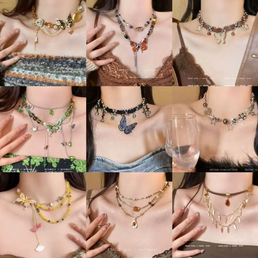 Kelebek kolye choker, vintage, saçaklı boyun zinciri - 1