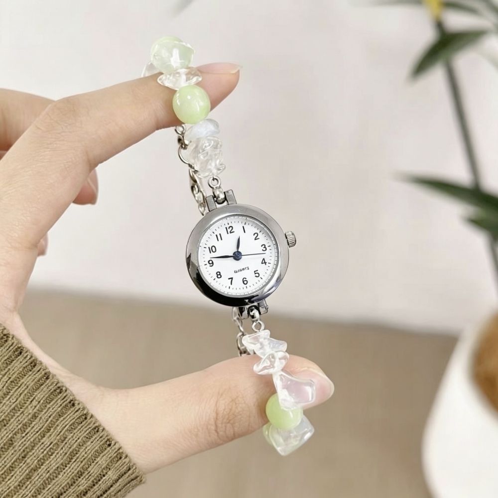 Crushed Gemstone Beaded Bracelet Watch for Women, Niche Fresh Instagram Style, Student Simple Quartz Watch, Adjustable Influencer New Style