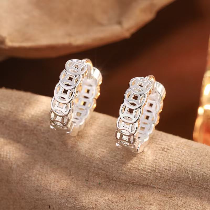 S999 Sterling Silver Lucky Coin Earrings Women
