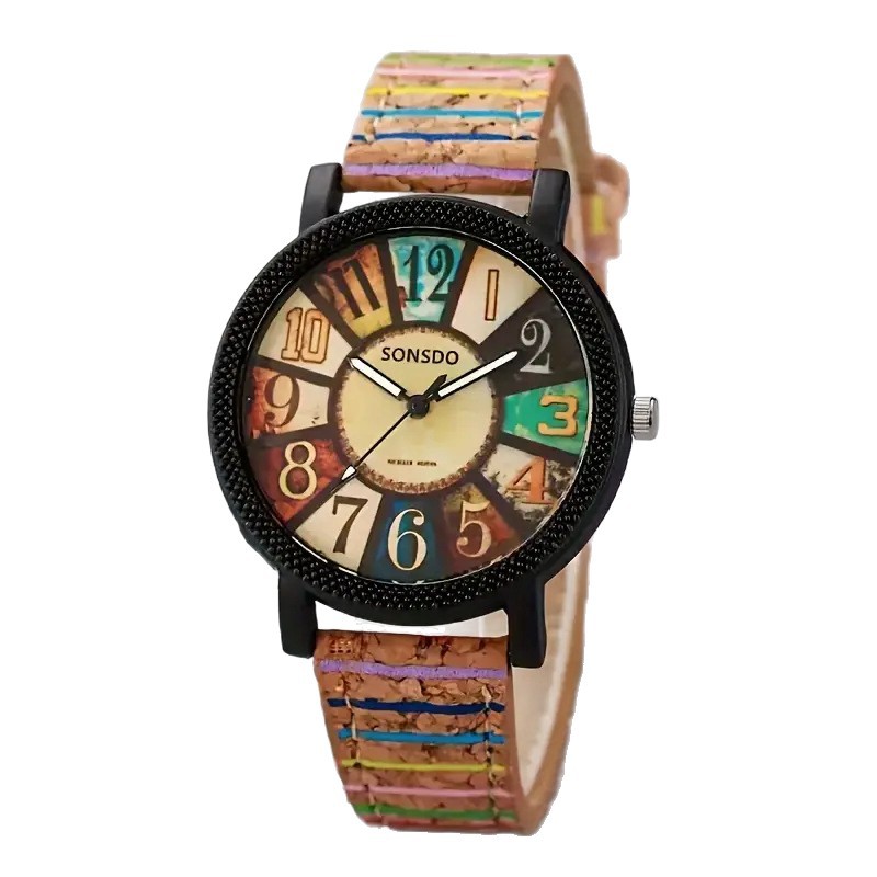 Women's watch, wooden grain leather strap, digital display