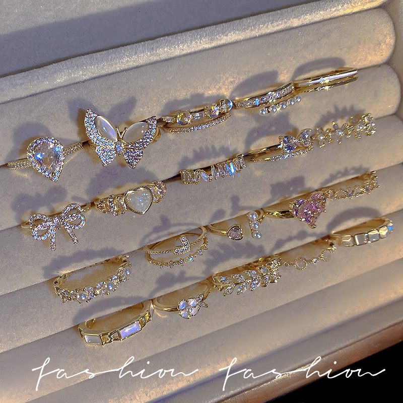 Korean luxury zircon pearl ring for women vintage niche design bow knot open adjustable ring hand jewelry