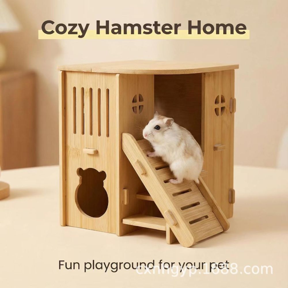 Wooden Hamster House, Multi-Level, Solid Wood Hideout - 1