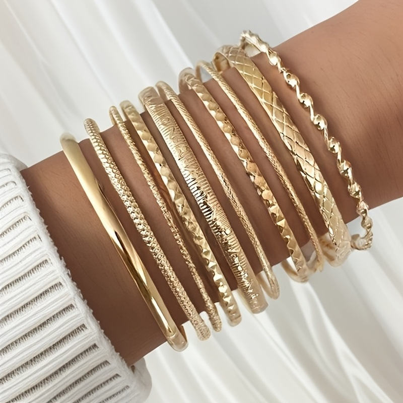 Embossed Geometric Multi-Layer Bracelet Set, 10 Pieces