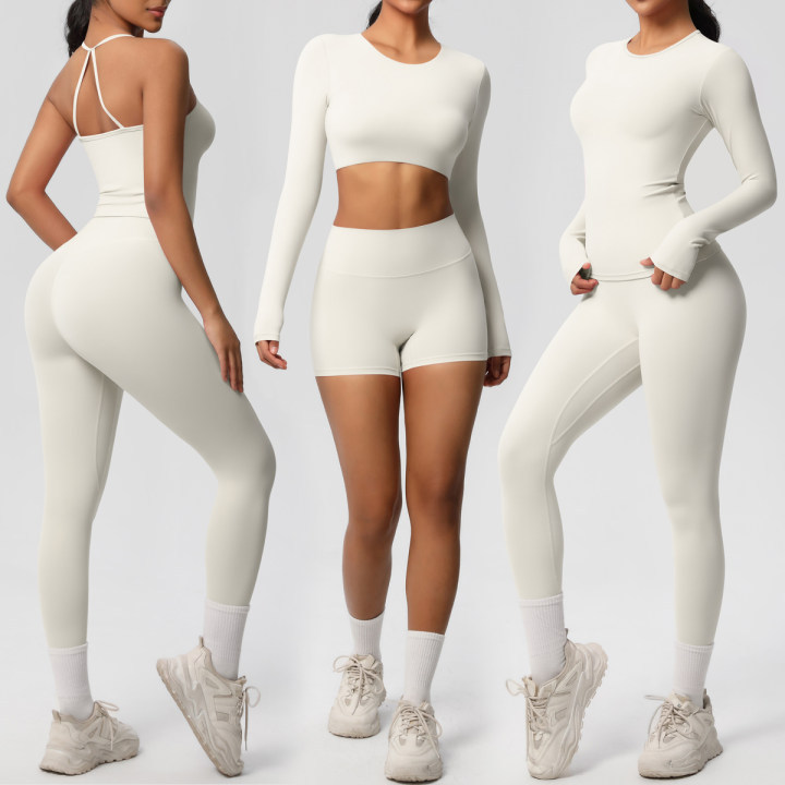 Cross-border Solid Color Bare-Feel Double-Sided Brushed Yoga Pants Tight-Fit Athletic Yoga Wear Set Running Fitness Eight-Piece Set for Women