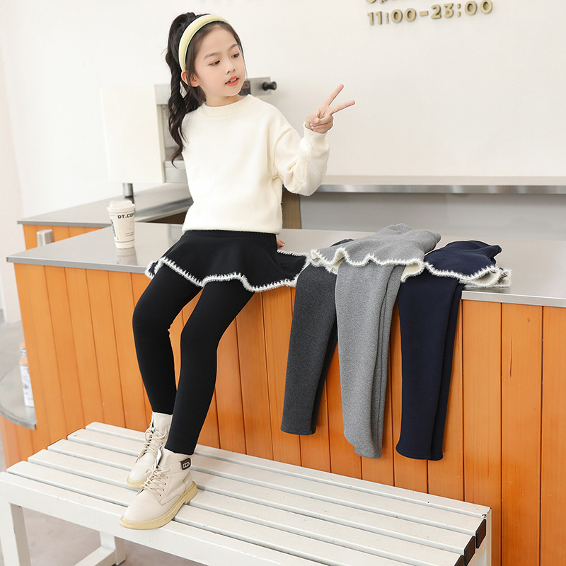 Girls' skirt pants, fake two-piece autumn and winter fleece thickened children's integrated fleece leggings, baby winter long pants for outdoor wear